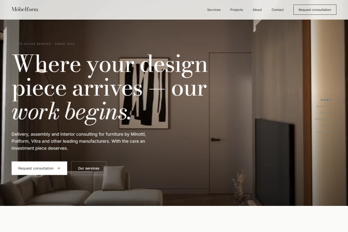 Möbelform website with an interior photograph and large editorial typography